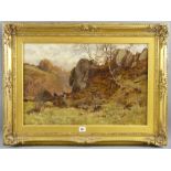 CHISHOLM COLE ARCA oil on canvas - two figures lighting kindling below rocks, signed and dated 1889,