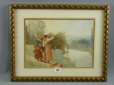 R DOUGLAS late 19th/early 20th Century watercolour - titled 'At the Ferry' depicting two young