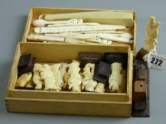 A group of fifteen Oriental carved bone/ivory figures with wooden stands along with a quantity of