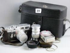 A leather cased Leica M3 camera with Summicron 1:2/50 Leitz lens with lens cap, a Leica Elmar