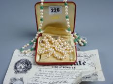 A necklace of Ciro pearls interspersed with jadite beads and a parcel of unstrung pearls together