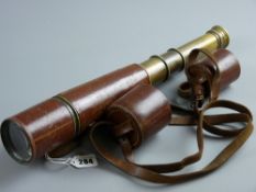 A circa 1900 three draw brass telescope marked 'Dollond, London' with extending sun cover, leather