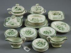 A thirty plus piece child's dinner service, green floral transfer decorated including plates, bowls,