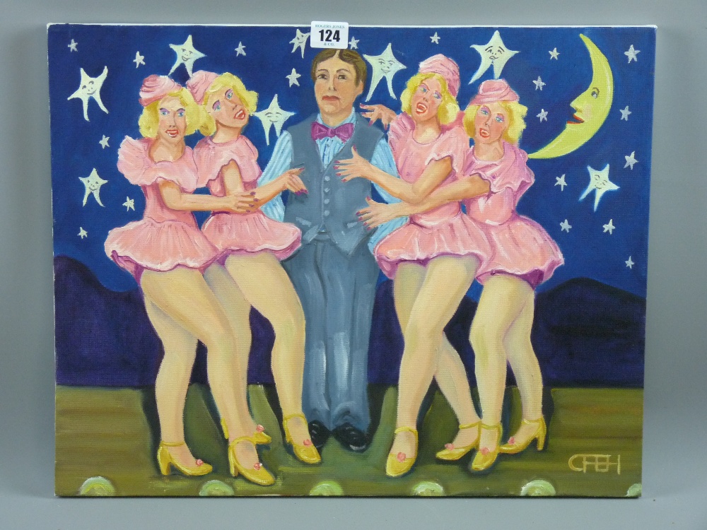 CARL F HODGSON acrylic on canvas - four showgirl figurines and a man on stage, monogrammed and