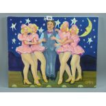 CARL F HODGSON acrylic on canvas - four showgirl figurines and a man on stage, monogrammed and