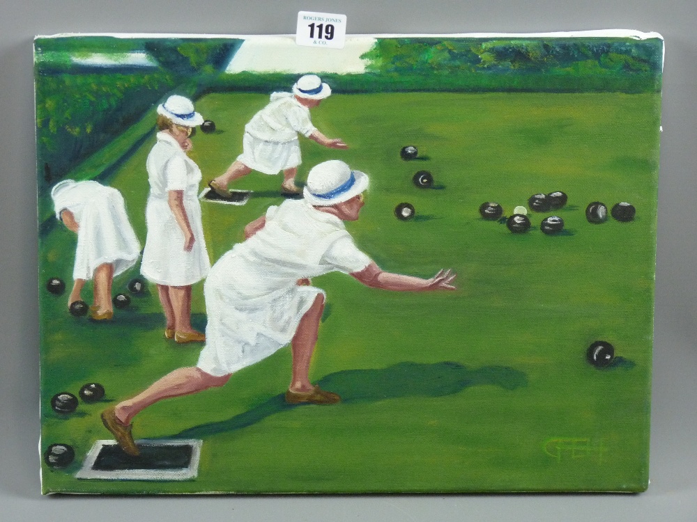 CARL F HODGSON acrylic on canvas - a group of four lady bowlers in action, monogrammed and