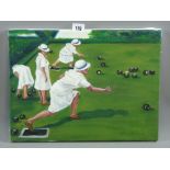CARL F HODGSON acrylic on canvas - a group of four lady bowlers in action, monogrammed and