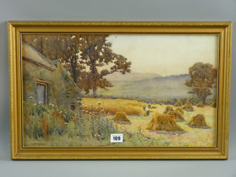 WILLIE STEPHENSON watercolour - harvesting scene with cottage and tall flowers to the foreground,