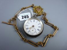 A silver encased gent's pocket watch with white enamel dial and Roman numerals and a yellow metal