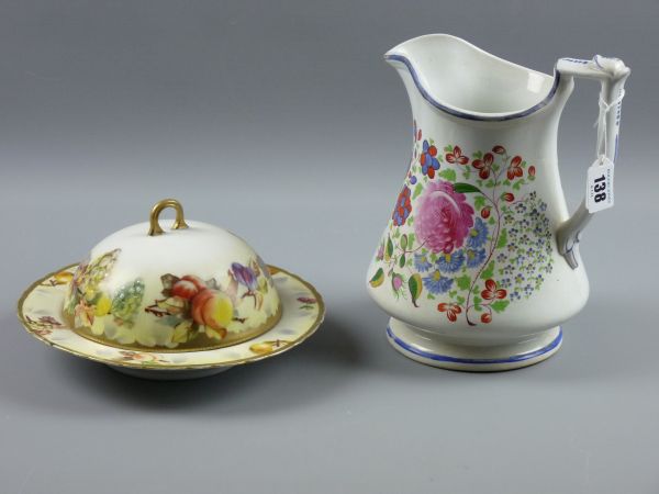 A DRESDEN MUFFIN DISH AND AN IRON STONE PUZZLE JUG, hand painted with floral sprays by Elsmore &