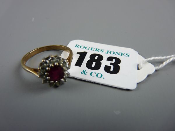 A NINE CARAT GOLD GARNET AND CZ OVAL CLUSTER RING, 2.4 grms