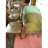 TWO ANTIQUE OAK FARMHOUSE CHAIRS and two Lloyd loom style armchairs