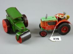 TWO TINPLATE CLOCKWORK VEHICLES a Gama West German tractor and driver with rubber wheels and