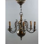 A SIX BRANCH CEILING LIGHT, early 20th Century European bronze effect ceiling light, the scroll work