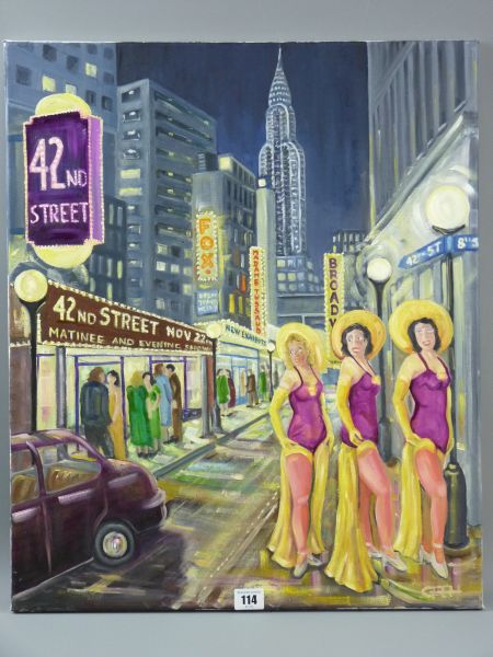 CARL F HODGSON acrylic on canvas, 42nd street scene with figures, monogrammed, 60 x 50 cms