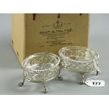 A PAIR OF GEORGE III SILVER AND CUT GLASS SALTS, London hallmark for 1771, makers Robert & David