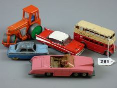 DINKY DIECAST VEHICLES, five unboxed and play worn including a 162 Ford Zephyr in two tone blue,