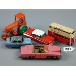 DINKY DIECAST VEHICLES, five unboxed and play worn including a 162 Ford Zephyr in two tone blue,