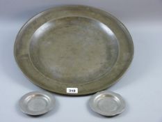 COCKLE DISHES AND CHARGER, pewter cockle dishes, 10 cms diameter and a large circular pewter