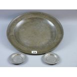 COCKLE DISHES AND CHARGER, pewter cockle dishes, 10 cms diameter and a large circular pewter