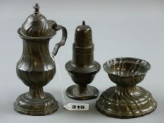 PEWTER CONDIMENTS, a shaped and lidded circular based pedestal handled spice pot, 17 cms high, a