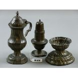 PEWTER CONDIMENTS, a shaped and lidded circular based pedestal handled spice pot, 17 cms high, a