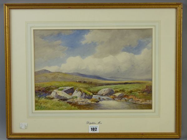 JOHN BATES NOEL watercolour - moorland riverscape with cattle, signed, 24 x 35 cms