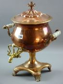 A COPPER SAMOVAR, mid 19th Century with brass tap and glass handles, 43 cms overall height