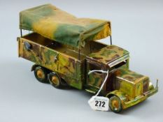 A CLOCKWORK ARMY TRUCK, a tinplate model in repainted livery with Dunlop balloon tyres and canvas