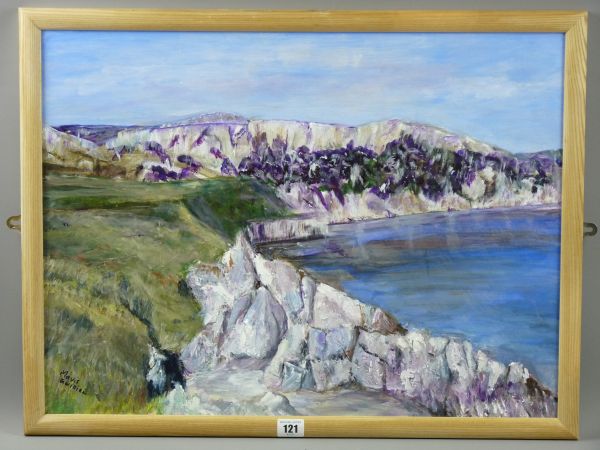 MAVIS GWILLIAM acrylic on board - Anglesey coastalscape, Holy Island, signed, 44 x 60 cms