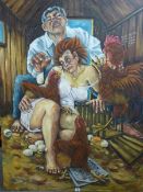 CARL F HODGSON acrylic on canvas, two figures, hens and broken eggs entitled 'Broken Promises',