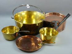 ANTIQUE COPPER AND BRASS KITCHENWARE to include a 30 cms diameter brass preserve pan with iron swing