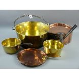 ANTIQUE COPPER AND BRASS KITCHENWARE to include a 30 cms diameter brass preserve pan with iron swing