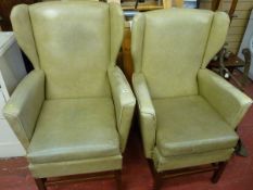 A PAIR OF LADY'S & GENT'S VINTAGE ARMCHAIRS, fawn vinyl covered chairs with brass stud finishing,