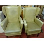 A PAIR OF LADY'S & GENT'S VINTAGE ARMCHAIRS, fawn vinyl covered chairs with brass stud finishing,