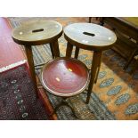 A PAIR OF OVAL TOPPED WOODEN BAR STOOLS, 64 cms high and a reproduction wine table