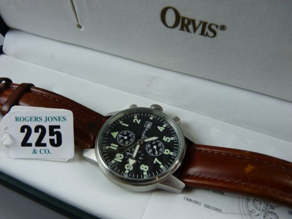 A CASED GENTLEMAN'S ORVIS WRISTWATCH, a stainless steel encased wristwatch with leather strap