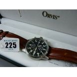 A CASED GENTLEMAN'S ORVIS WRISTWATCH, a stainless steel encased wristwatch with leather strap