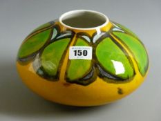 A POOLE DELPHIS VASE, a 19 cms diameter square vase with stylized decoration on a yellow ground,