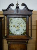 A LATE 18TH CENTURY OAK LONGCASE CLOCK, the hood with broken swan neck pediment and brass ball