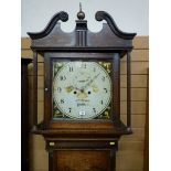 A LATE 18TH CENTURY OAK LONGCASE CLOCK, the hood with broken swan neck pediment and brass ball