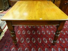 A VICTORIAN PINE FARMHOUSE TABLE, rectangular top with block and turned substantial supports, 76.5