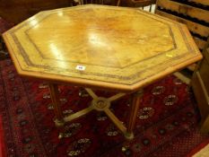A LATE VICTORIAN WALNUT TABLE, octagonal top, quarter veneered with brass and boxwood stringing,