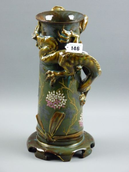 A CONTINENTAL LUSTRE DRAGON VASE, 32 cms high with dragon and floral in relief, chinoiserie style