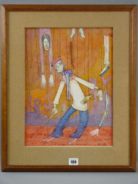 KAREL LEK mixed media, 'The Intoxicated Marionette', signed and dated 1954, 38 x 28.5 cms