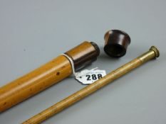 A MALACCA WALKING CANE, metal tipped with rosewood top and screw-on cap with interior brass