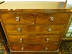 A VICTORIAN MAHOGANY CHEST of two short over three long drawers with turned rosewood and mother of