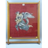 A VICTORIAN BEADWORK AND PETIT POINT NEEDLEWORK PANEL of a winged angel carrying two young children,