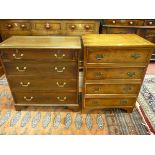 A 20TH CENTURY YEW WOOD CHEST of four drawers and a reproduction dummy drawer small side cabinet,