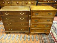 A 20TH CENTURY YEW WOOD CHEST of four drawers and a reproduction dummy drawer small side cabinet,